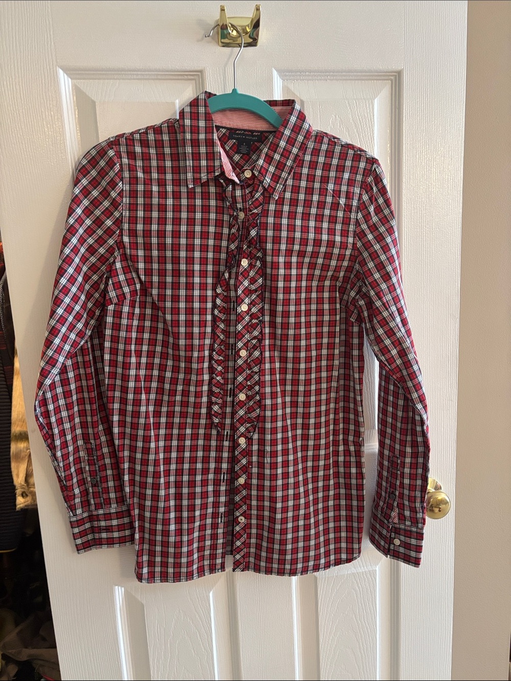 Tommy Hilfiger Ladies Red Plaid Button-Up Shirt with Ruffle Front